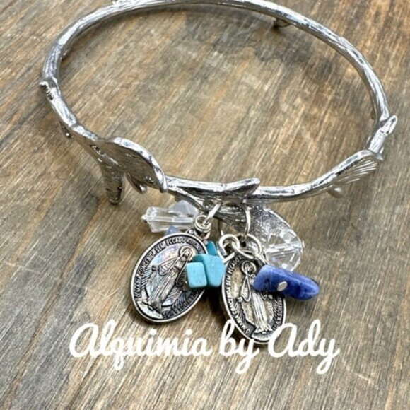 Statement virgen Mary medals silver bangle bracelet - Picture 3 of 3